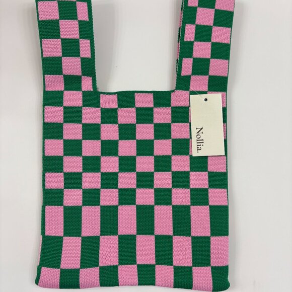 Wrist Tote Bag - 100% Polyester- Green Pink Checkers / Gingham - NWT - Picture 8 of 10